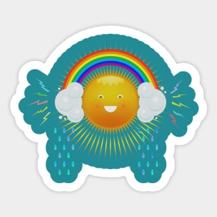 Funny sun in the headphones of the rainbow. Sticker